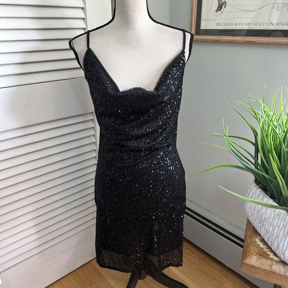 Kayamiya Dress Womens 10 Black Sequin Strappy Cowl Neck Cocktail Evening Glam